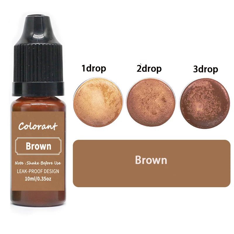 A bottle of brown liquid colorant with three dropper sizes showing different shades of brown.