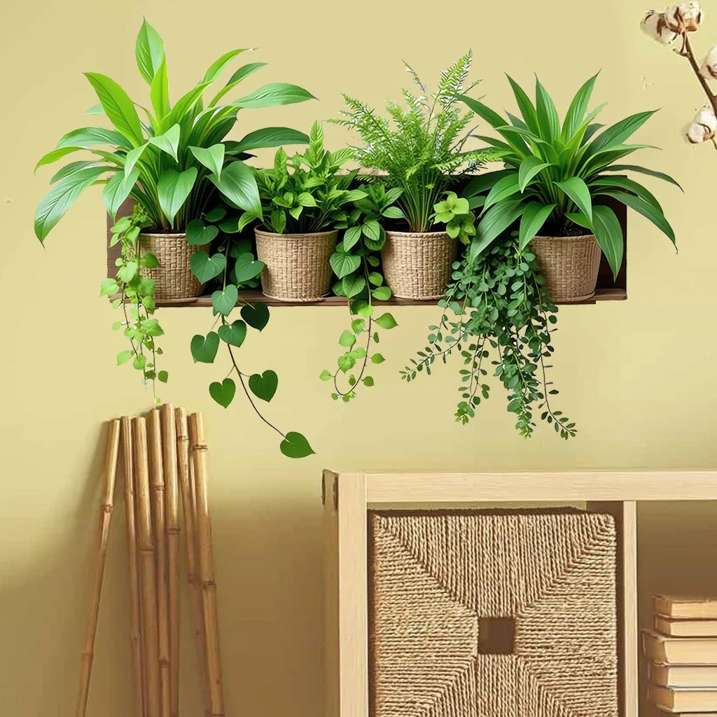 A display of various green potted plants hanging on a wooden shelf against a beige wall.