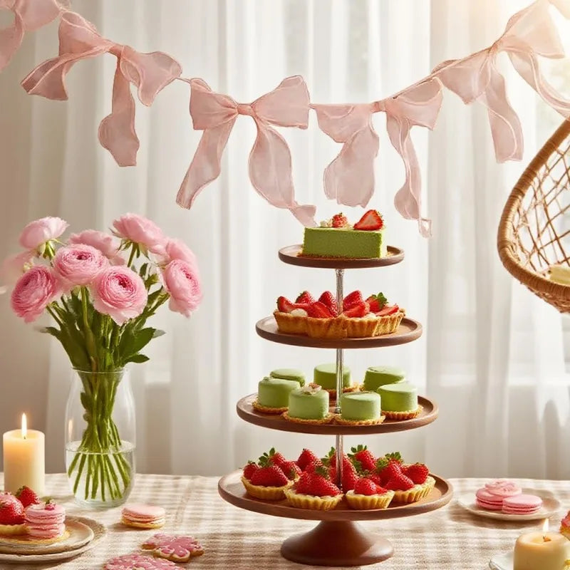 A tiered pink cake display featuring green and pink macarons and strawberries, decorated with a pink tulle bow garland.