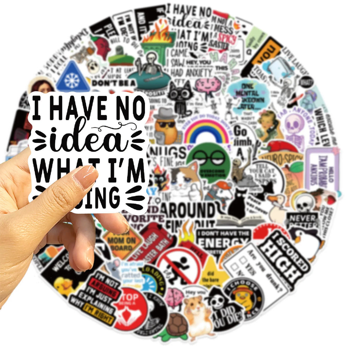 A circular collage of humorous meme stickers featuring various text and illustrations.