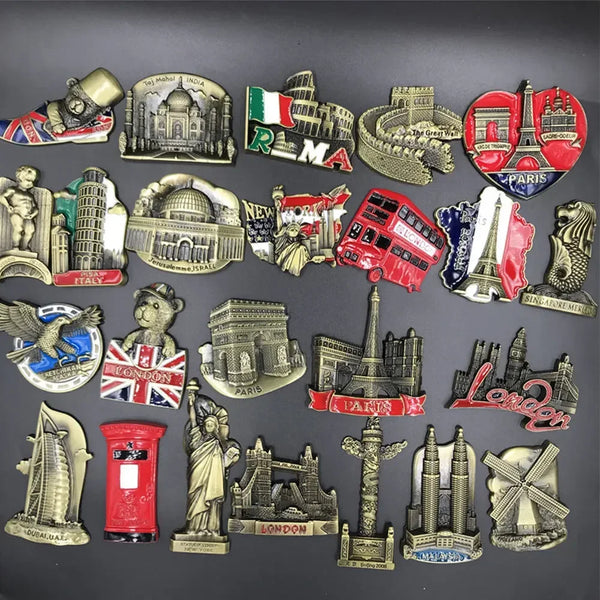 A collection of travel souvenir fridge magnets featuring landmarks like the Eiffel Tower, Big Ben, and London skyline.