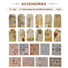 Assortment of tags, stamps, and cases for a handmade photo scrapbook album.