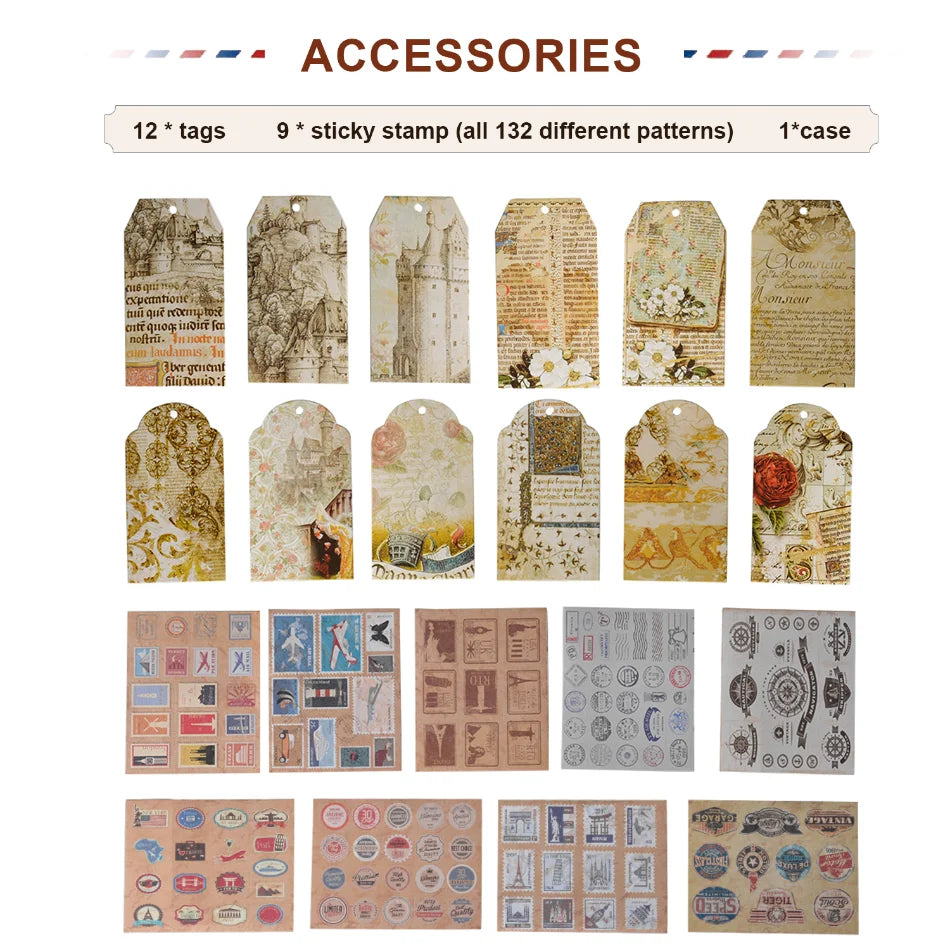 Assortment of tags, stamps, and cases for a handmade photo scrapbook album.