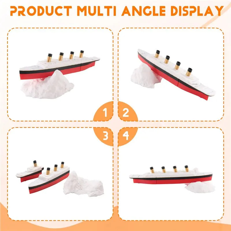 Multi-angle display of a red and white split Titanic bath and pool toy with realistic details.