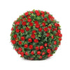 A dense sphere of artificial red roses and green foliage used for decoration.