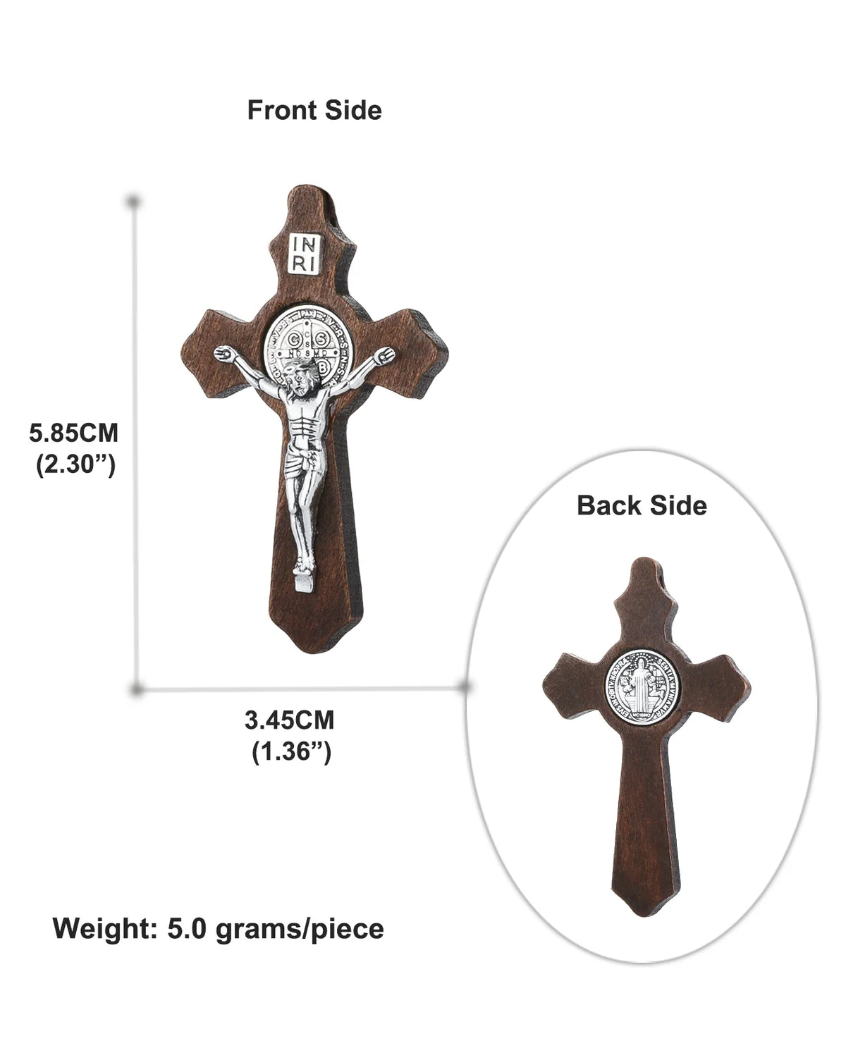 A wooden crucifix pendant showing the front and back sides of a St. Benedict cross.