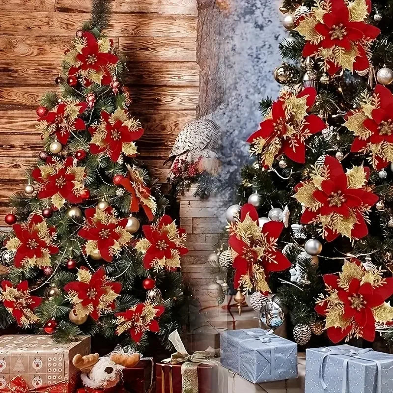 Glitter Christmas Flower Ornaments with Clips (Set of 5)