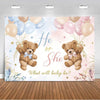 A gender reveal backdrop featuring teddy bears, balloons in pink and blue, and sparkling elements.