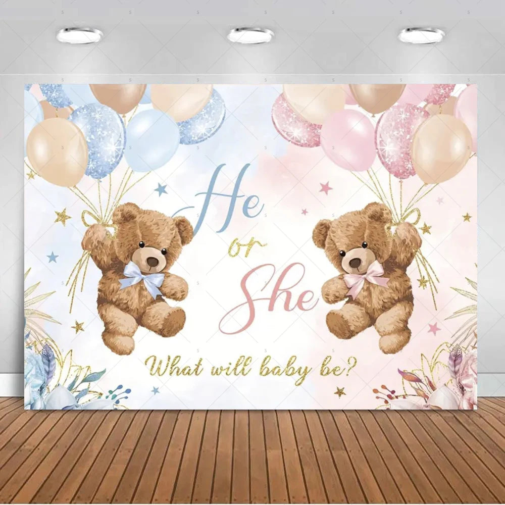A gender reveal backdrop featuring teddy bears, balloons in pink and blue, and sparkling elements.