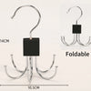 Silver foldable multi-claw hanger with a black square hook for closet organization