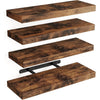 Three rectangular wooden floating shelves with black metal brackets mounted on a white background.