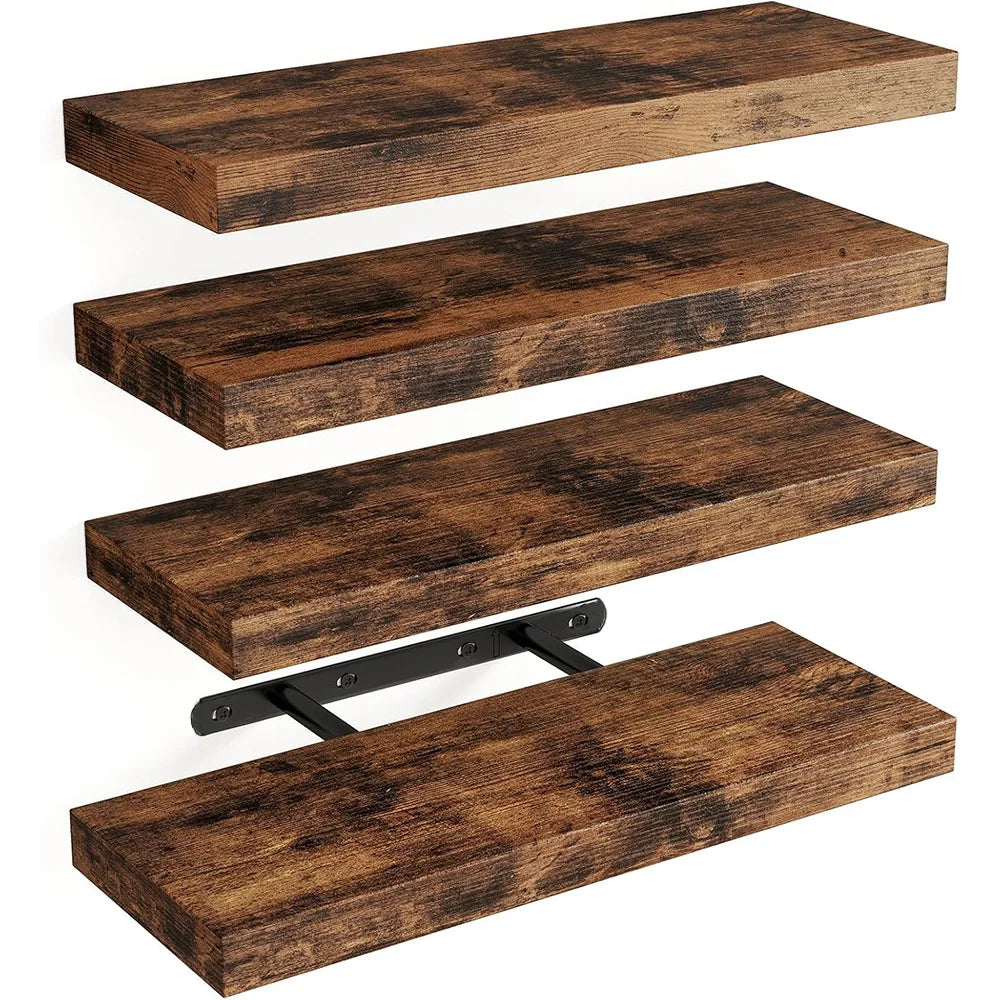 Three rectangular wooden floating shelves with black metal brackets mounted on a white background.