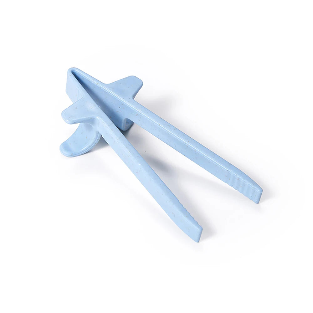 A pair of light blue reusable wheat straw finger chopsticks shown against a white background.