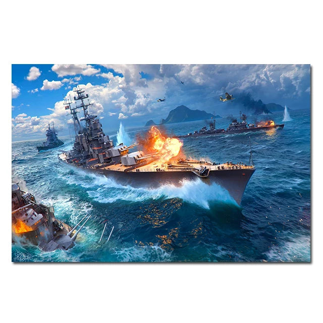 A battleship firing its main guns in rough seas with other naval vessels and aircraft in the background.
