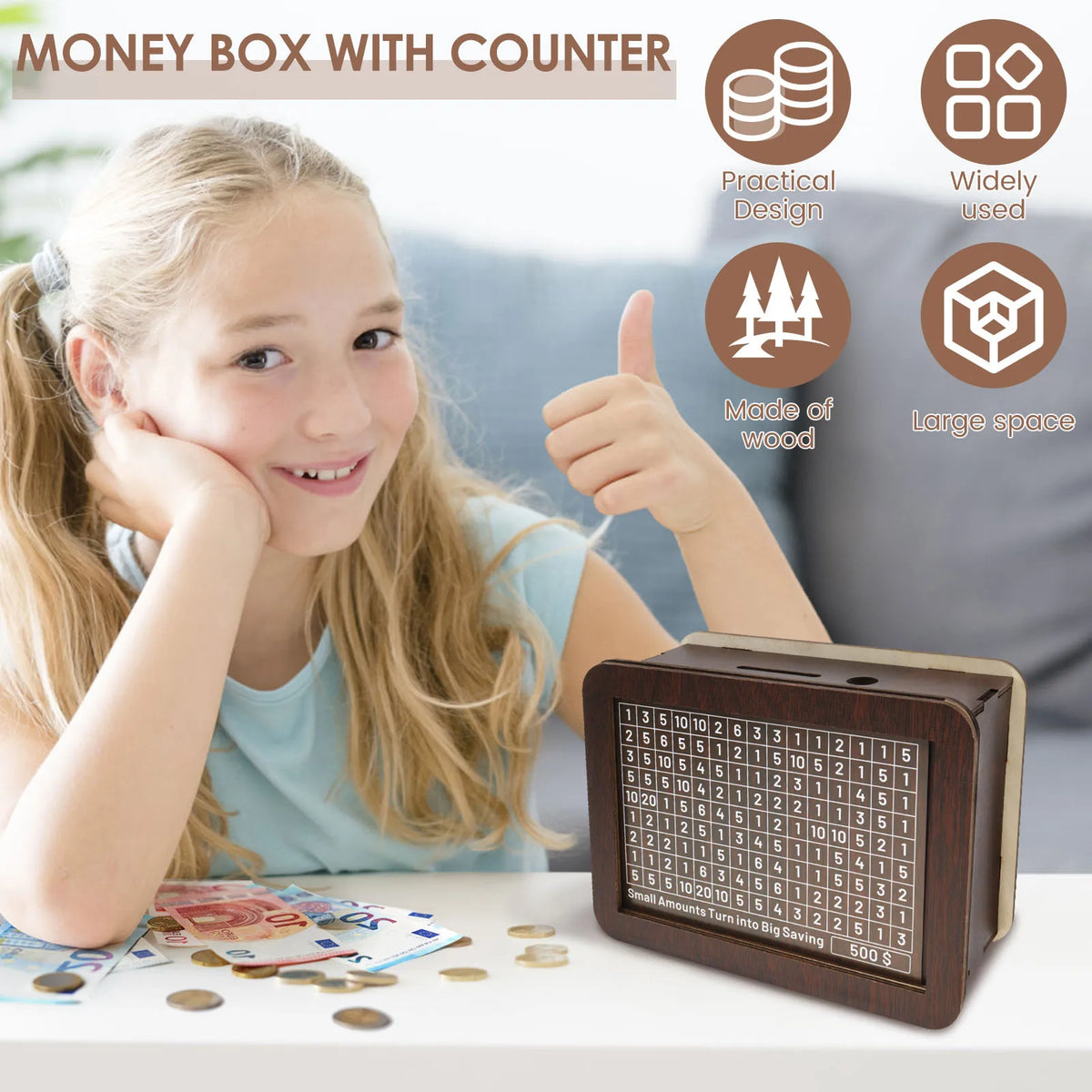 A wooden money box with a counter is shown next to coins and paper money on a white surface.
