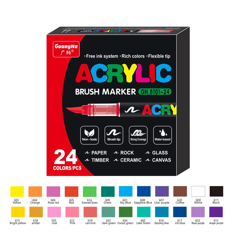 Box of 24 color acrylic brush markers featuring various colors like yellow, red, green, and purple.
