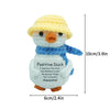 Handmade crochet positive duck doll with a yellow hat and blue body featuring an inspirational slogan