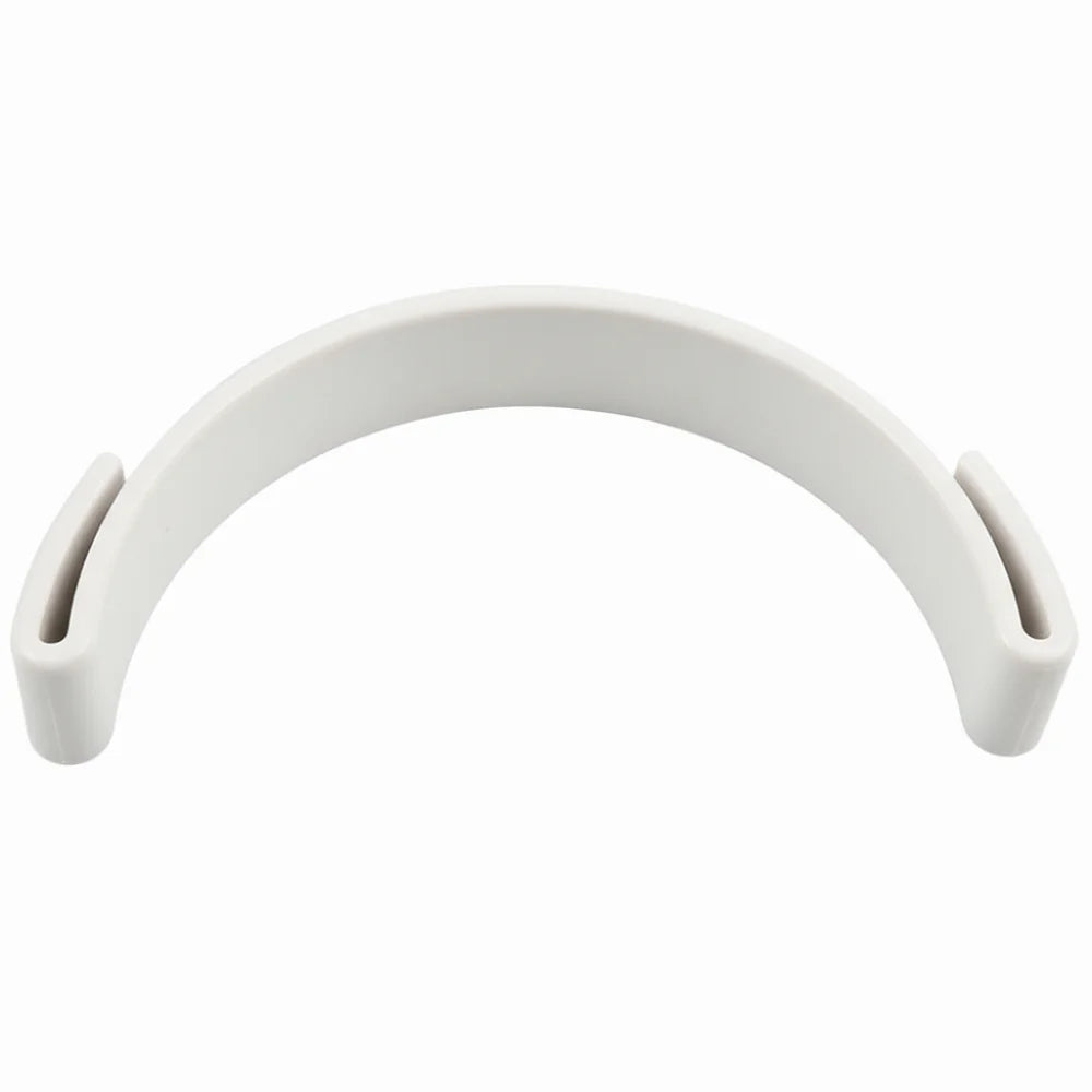A white adjustable hat brim shaper tool with curved arms.