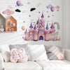 Wall decals featuring an enchanted pink castle with purple balloons and stars for a child's room