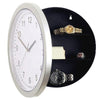 A vintage wood grain storage and display box featuring a round silver watch face and compartments for jewelry.