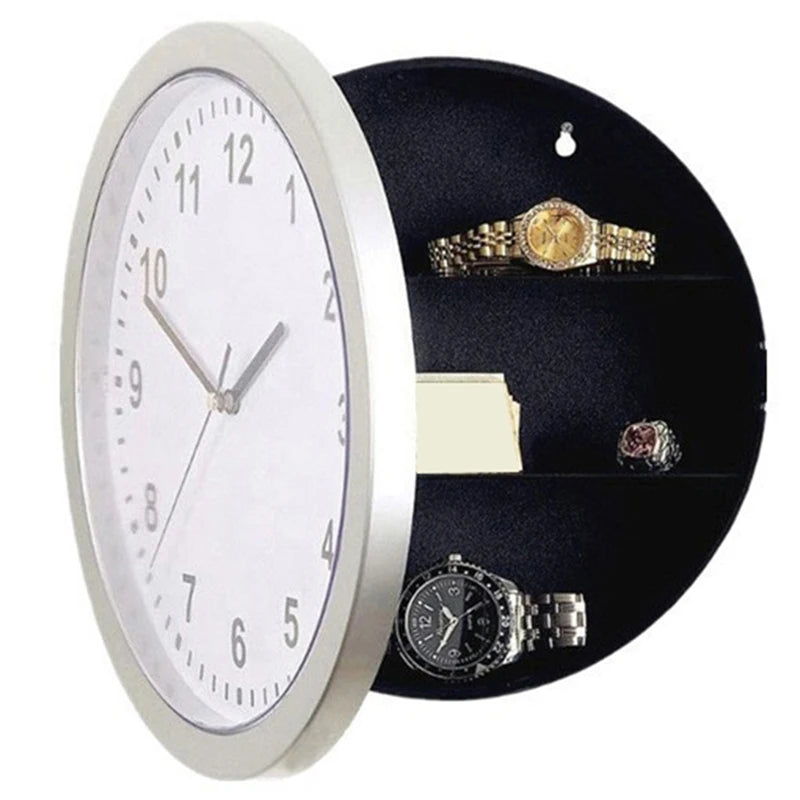A vintage wood grain storage and display box featuring a round silver watch face and compartments for jewelry.