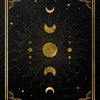 A dark canvas print featuring a celestial design with gold accents, including sun rays and crescent moons.