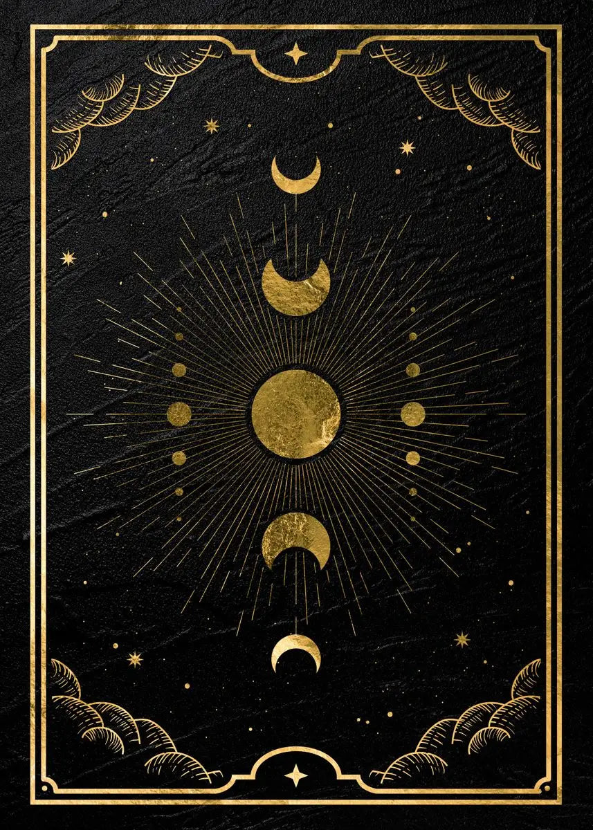 A dark canvas print featuring a celestial design with gold accents, including sun rays and crescent moons.