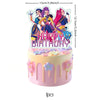 A pink birthday cake decorated with anime girl toppers featuring characters and text