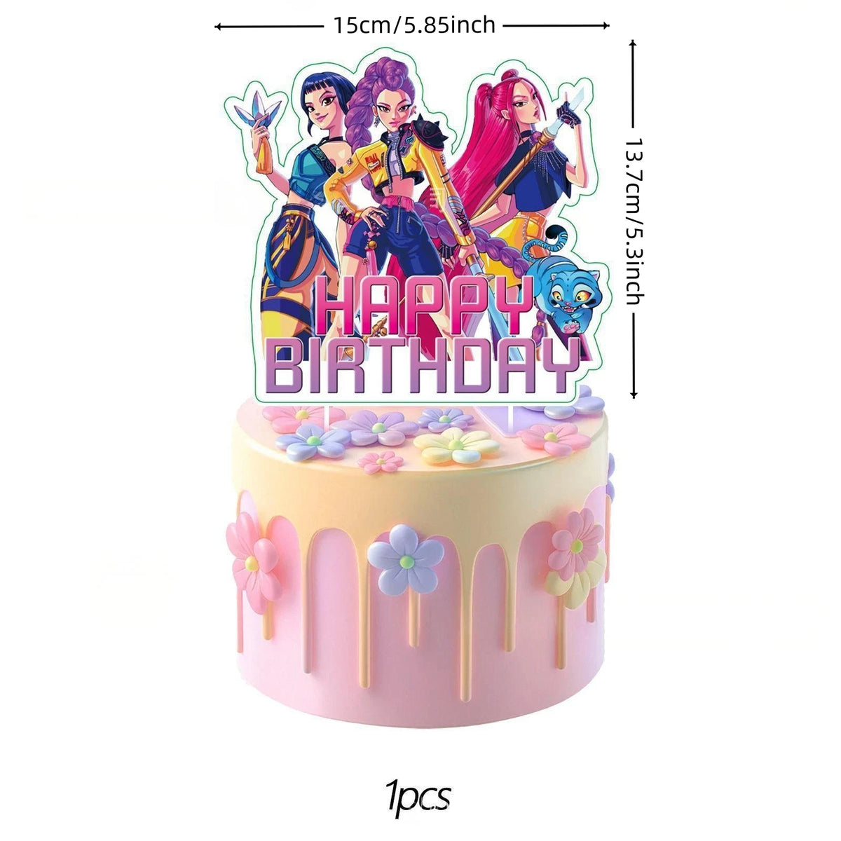 A pink birthday cake decorated with anime girl toppers featuring characters and text