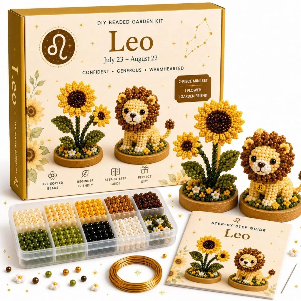A box set of Leo DIY beaded garden kit featuring beads, a flower, and a garden friend, with a step-by-step guide.