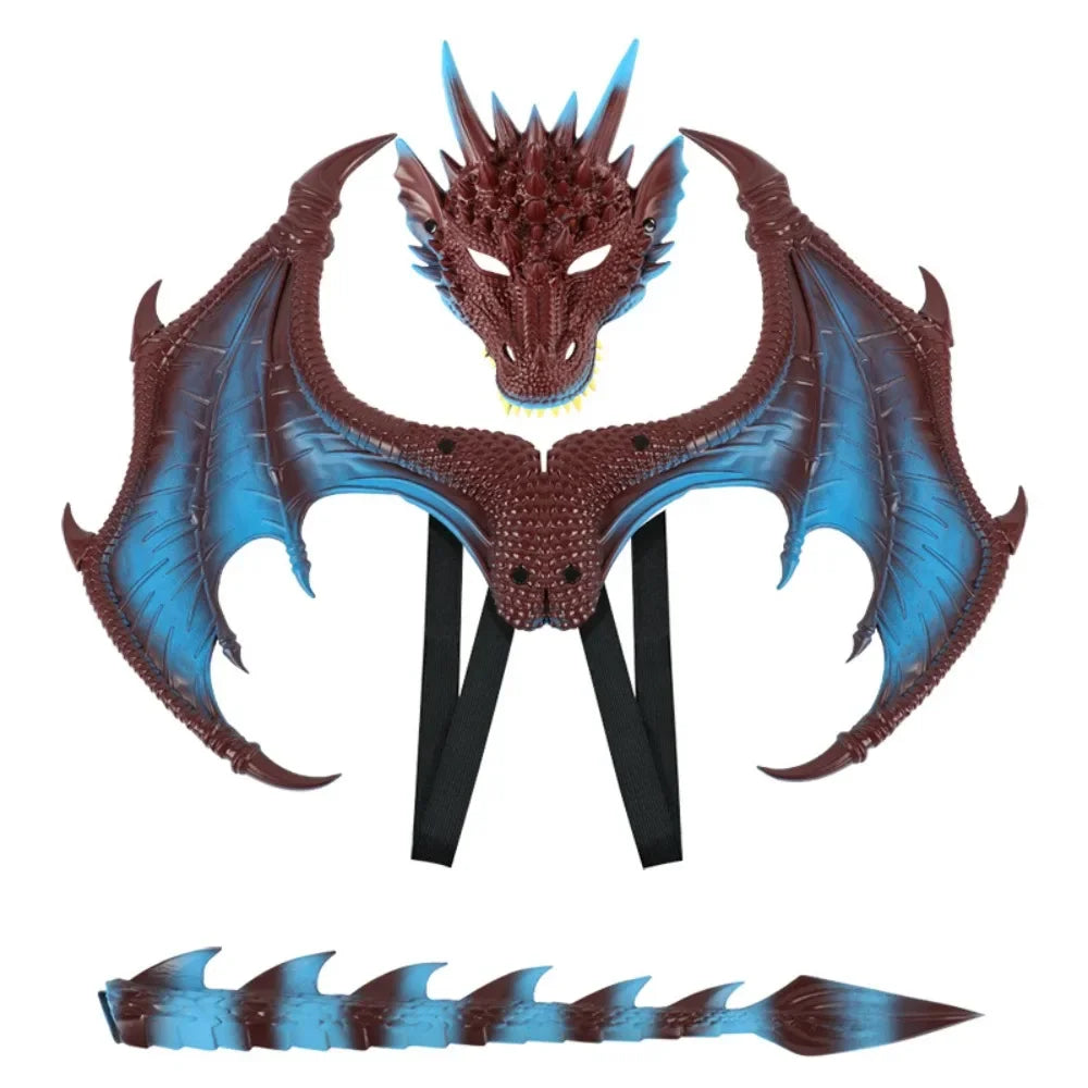 A dark brown dragon costume featuring large blue bat-like wings and a matching tail.