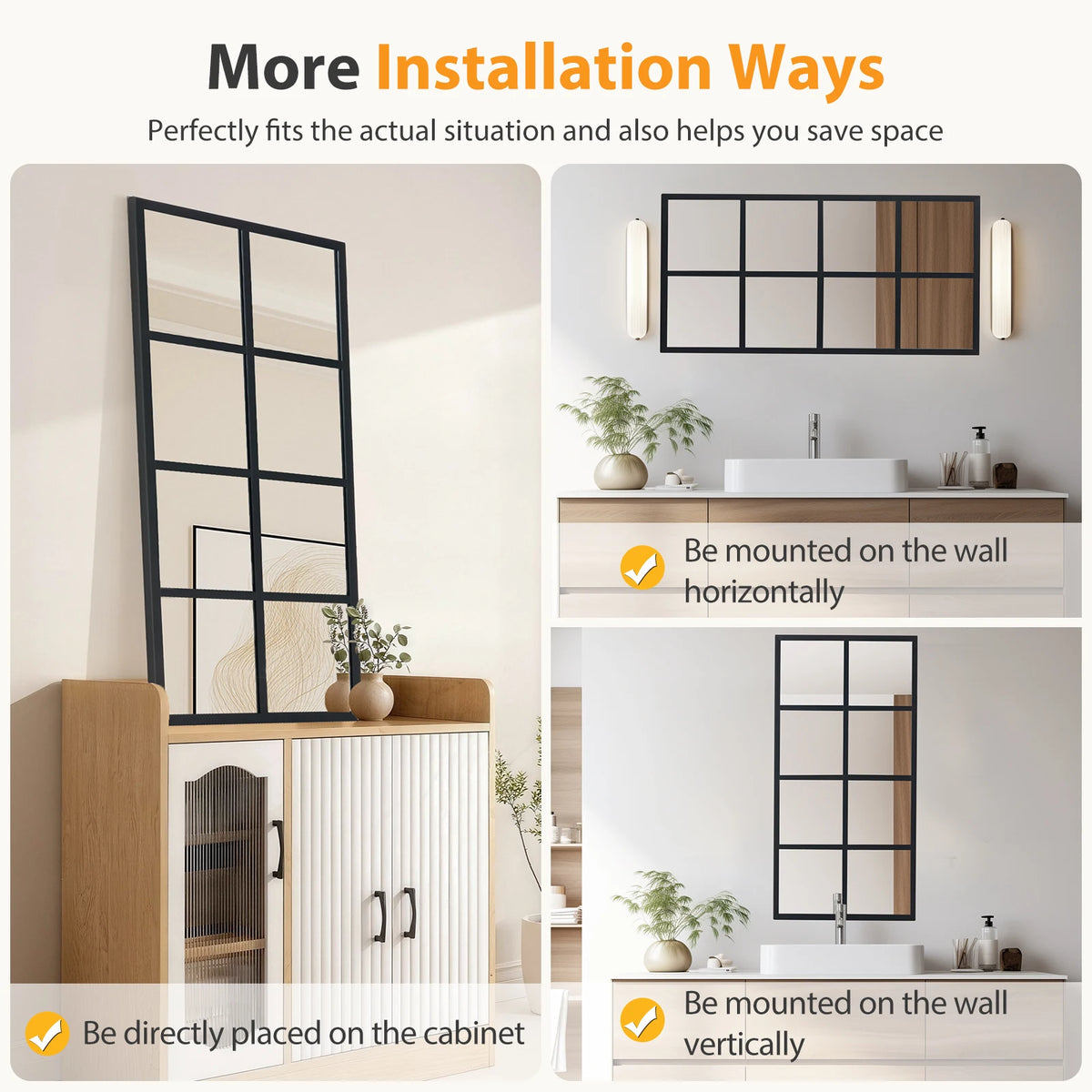 A modern black framed window mirror shown mounted horizontally and vertically on a wall or cabinet.