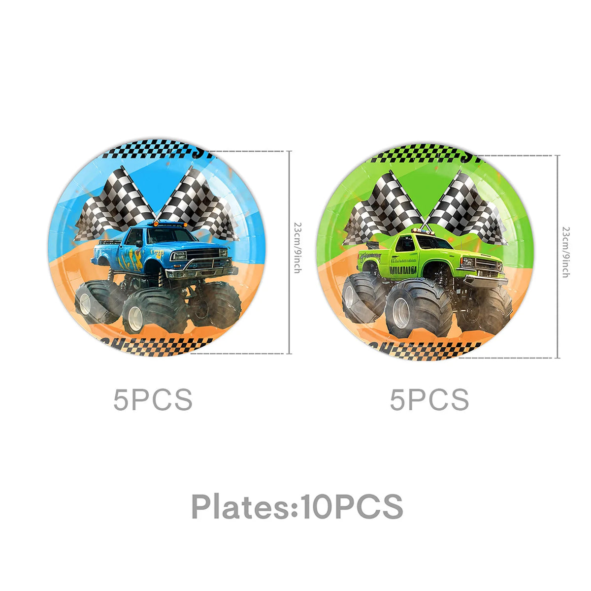 Two circular decorations featuring monster trucks, one blue and one green, for a birthday party.