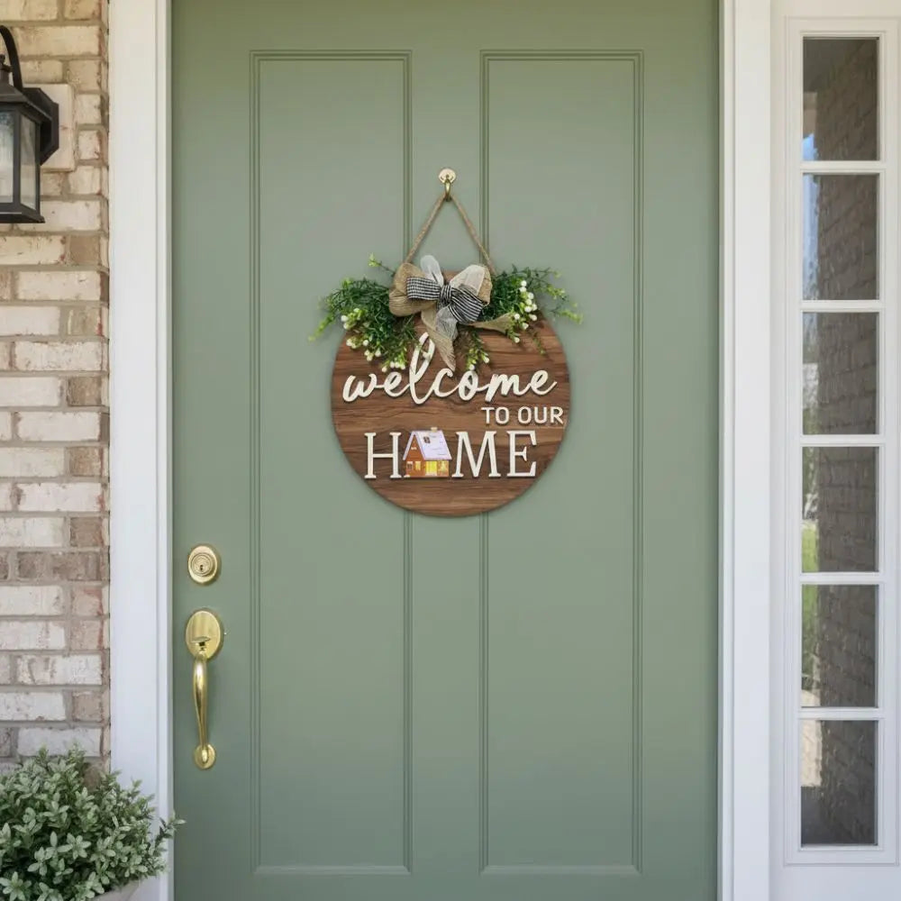A round wooden welcome sign with the text Welcome to Our Home hanging on a green door.