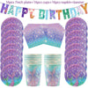 A set of mermaid-themed party tableware including plates, cups, and napkins.