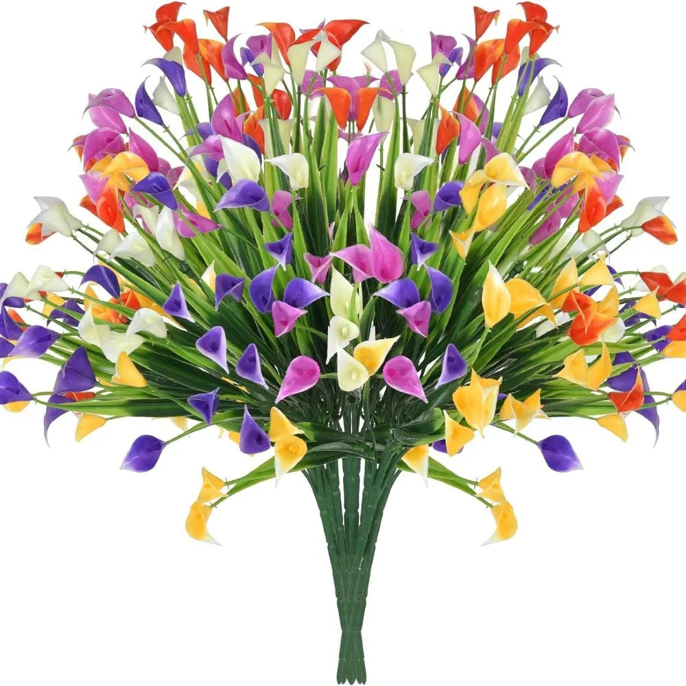 A vibrant bouquet of artificial calla lilies featuring mixed colors including orange, purple, pink, and white.