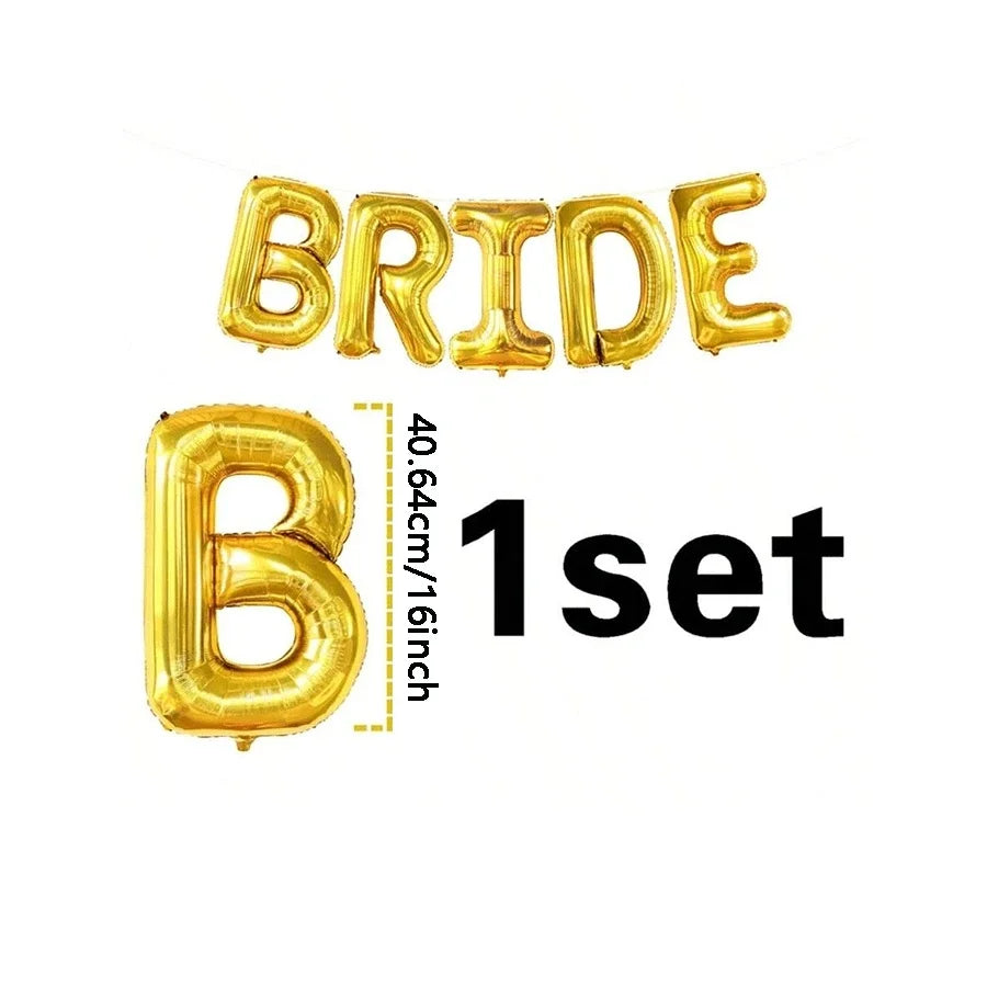 A set of gold foil balloons spelling the word BRIDE
