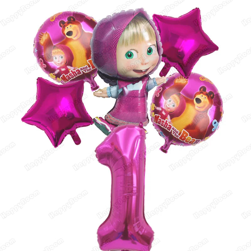 A set of six pink foil balloons featuring characters from Masha and the Bear