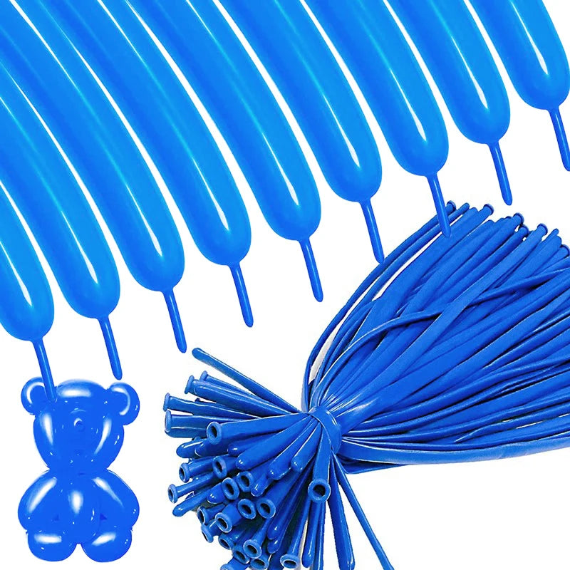A bundle of bright blue twisting balloons used for party decor and DIY modeling.