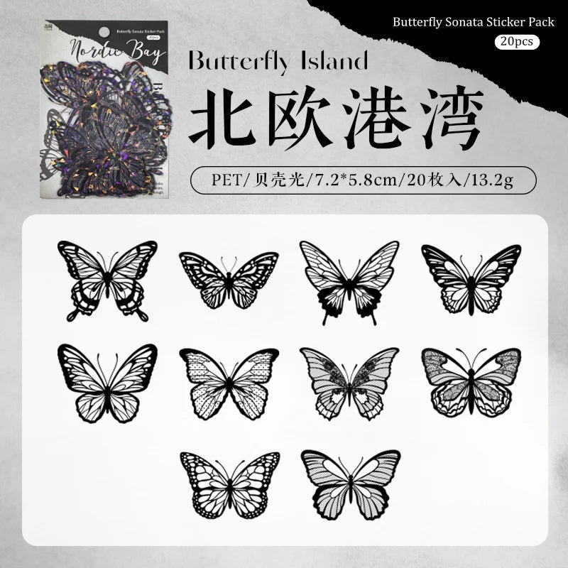 A collection of 20 black and white butterfly stickers for journaling and DIY crafts.