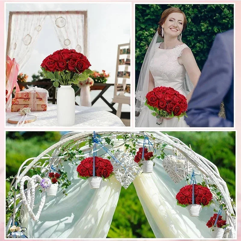 A bridal portrait featuring a bride in a white lace dress and veil surrounded by deep red roses.