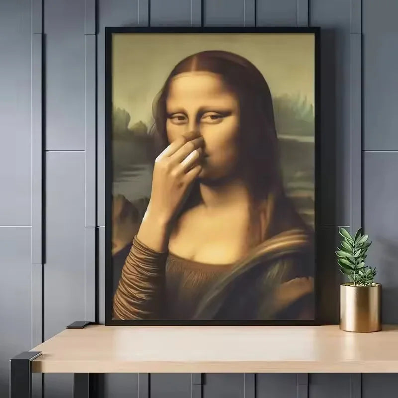 A framed painting of a woman with reddish hair covering her mouth, displayed on a light wood shelf.