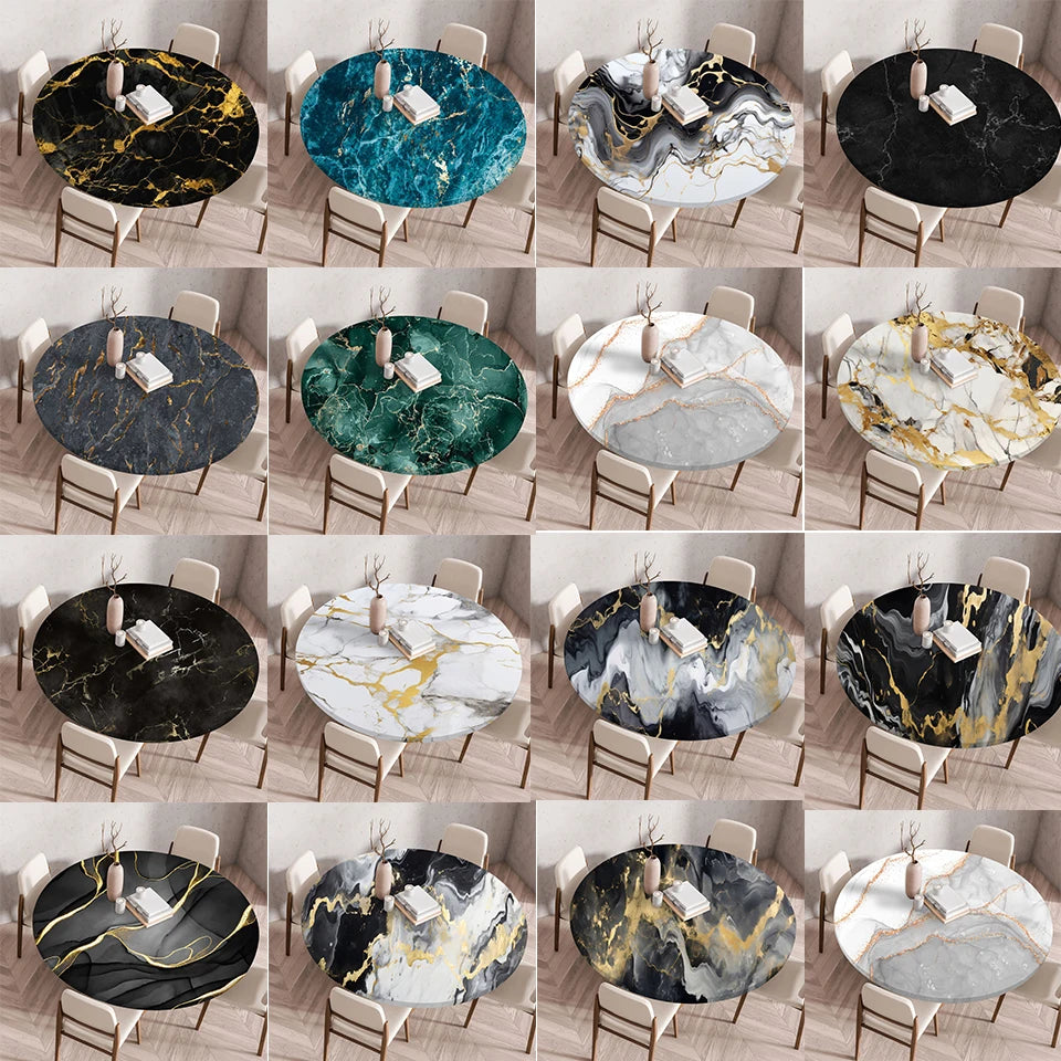 Various marble print waterproof round tablecloths in black, gold, and white patterns displayed on chairs.