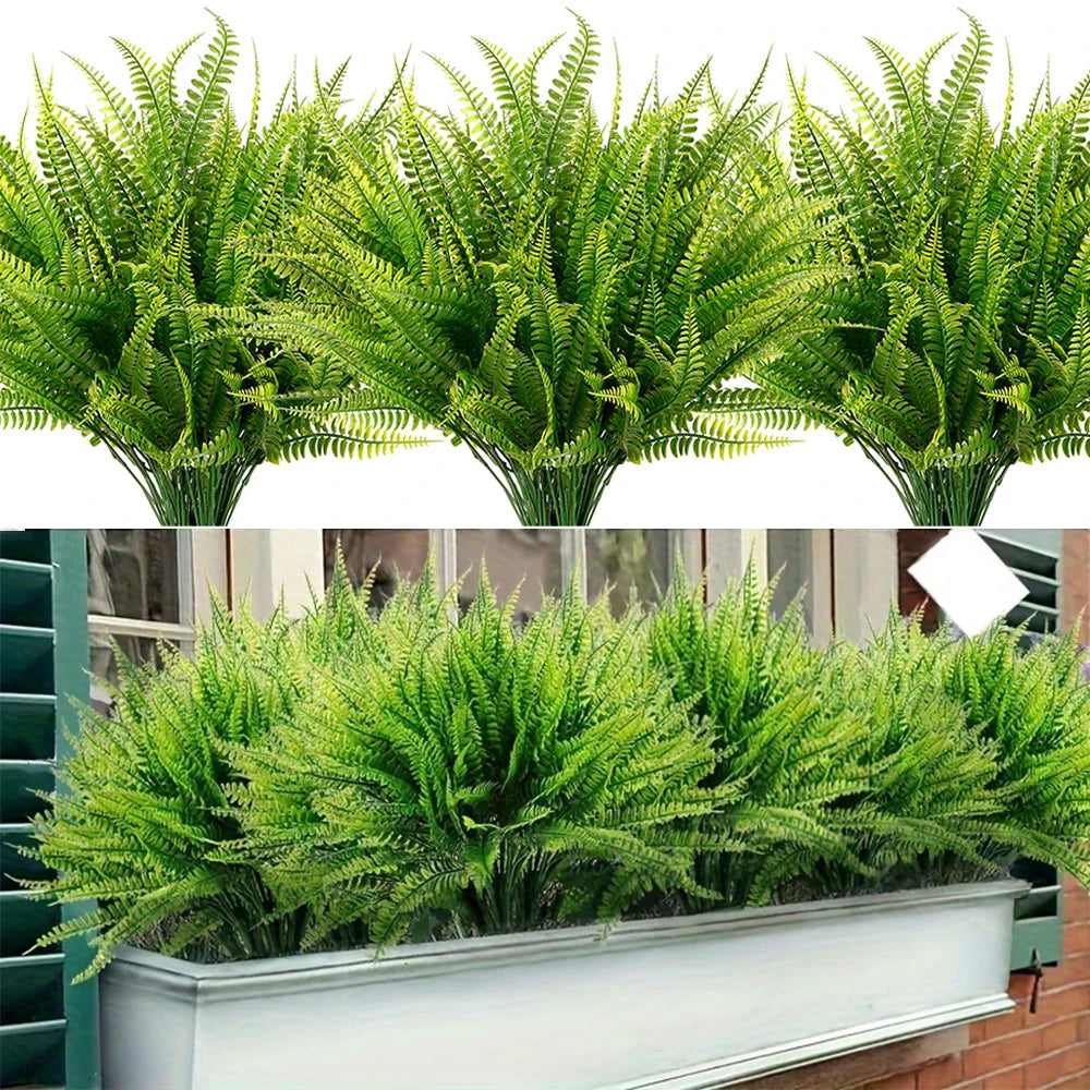 Two artificial Boston fern bushes in vibrant green foliage displayed for indoor and outdoor decor.