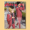 A poster featuring characters from Haikyuu anime in a dynamic pose with vibrant red and pink tones.