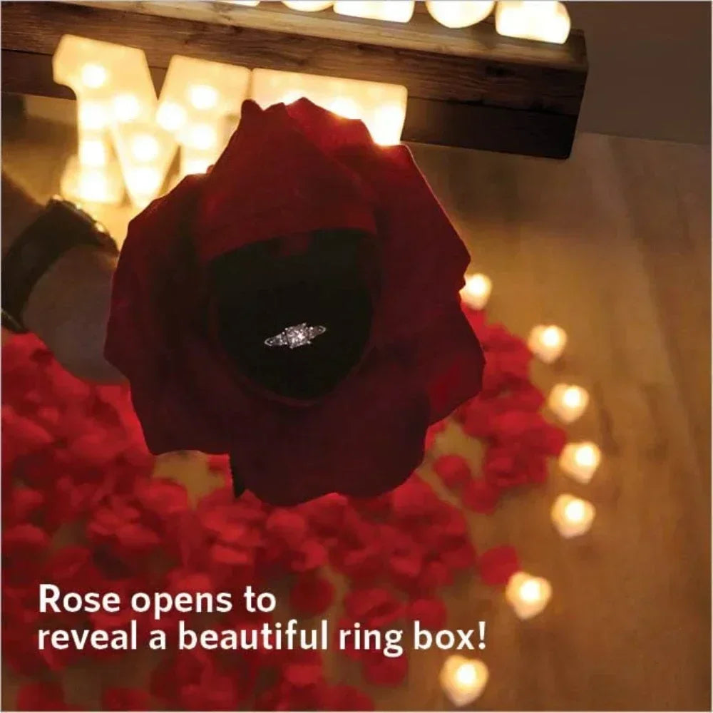 Nahaufnahme eines roten Rosenblütenmotivs, das eine funkelnde Diamantring-Box um LED-Lichter herum enthüllt.