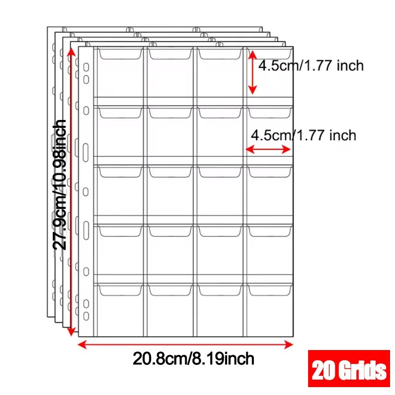 A grid-style coin collection album with 20 transparent pages, measuring 27.9cm by 20.8cm.