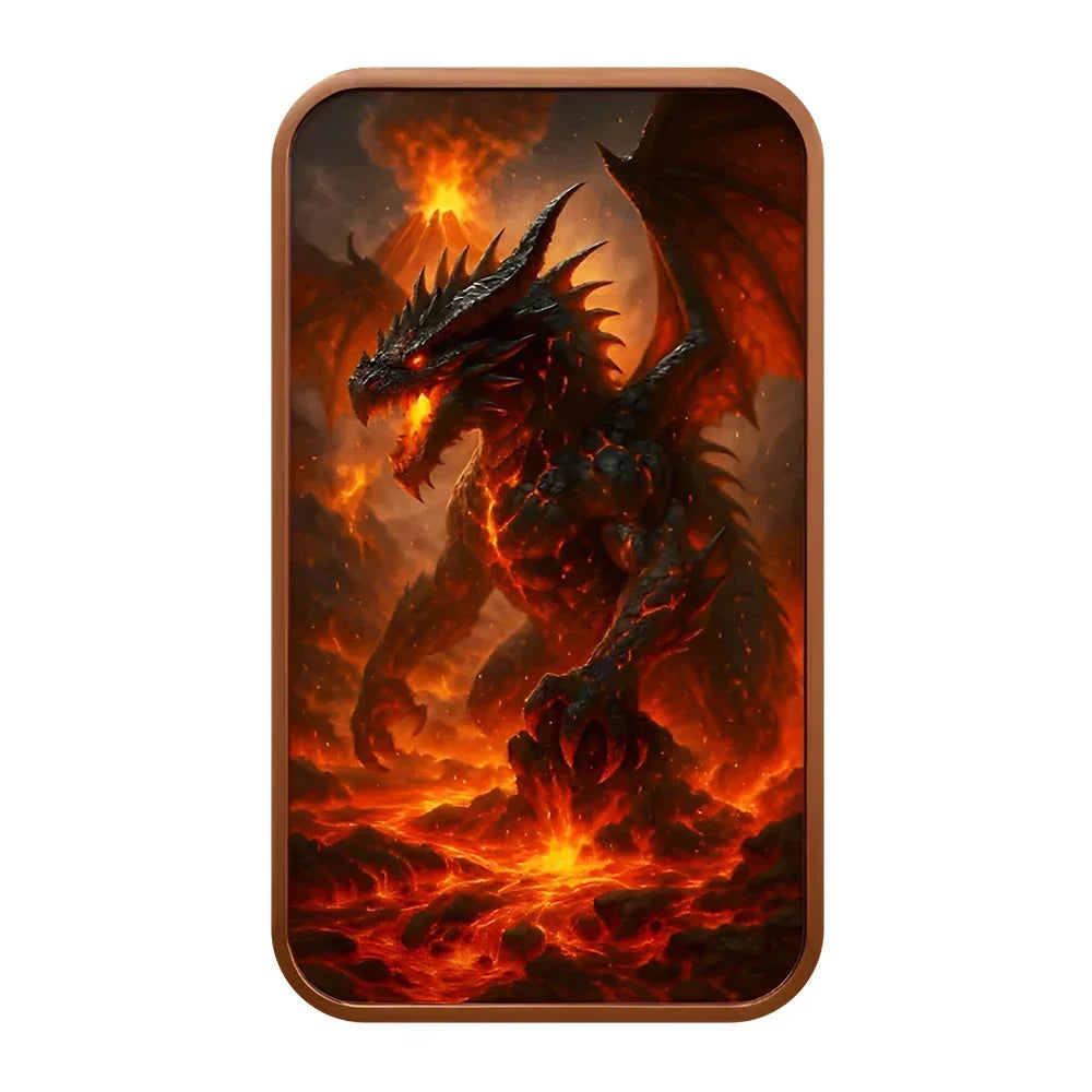 Fantasy art bar featuring a fierce dragon in flames set within a protective case.