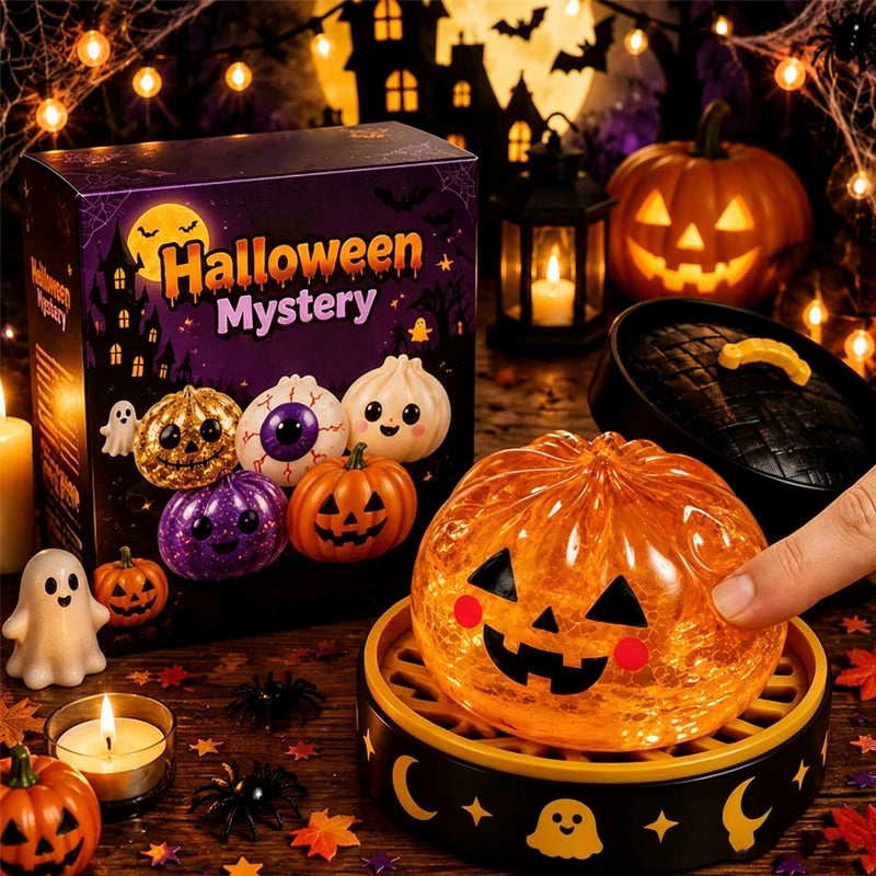 An orange glowing pumpkin Halloween simulation toy is held in a wooden tray surrounded by spooky decorations.