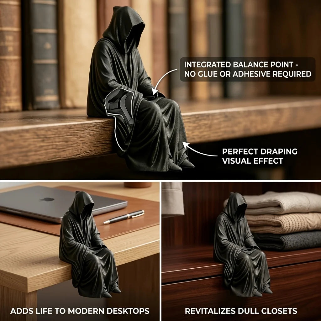 A dark hooded figure sits on a wooden surface, demonstrating perfect draping for a bookend or decorative item.
